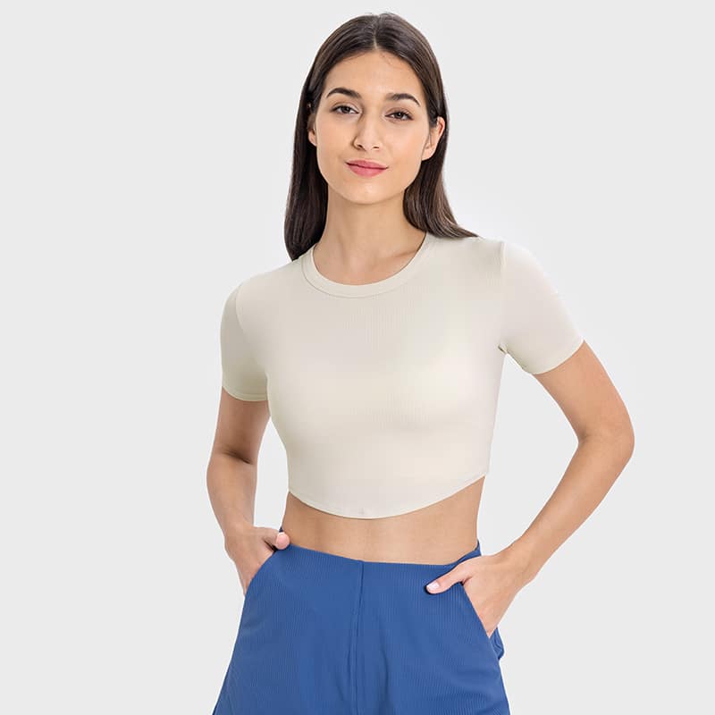 white wholesale short-sleeve ultralite cropped rib-knit t-shirt for women