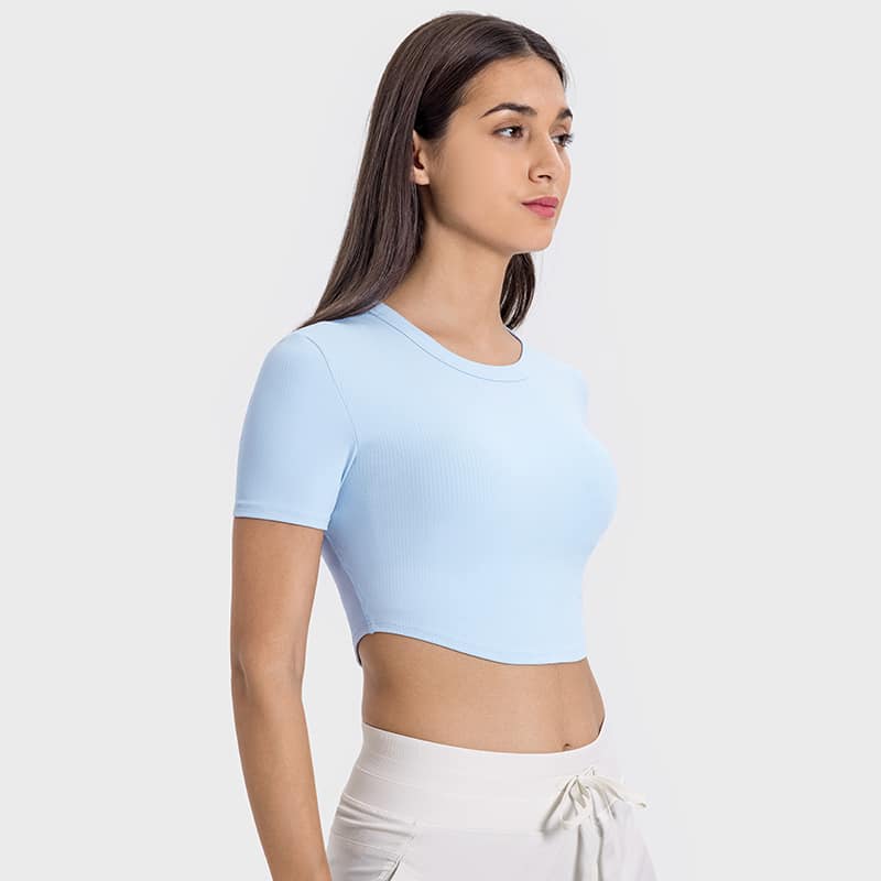 wholesale blue short-sleeve ultralite cropped rib-knit t-shirt for women